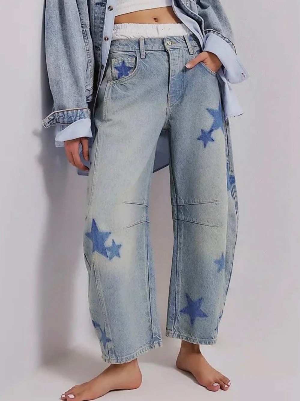 Light Blue Star-Print Wide Leg Jeans - Women